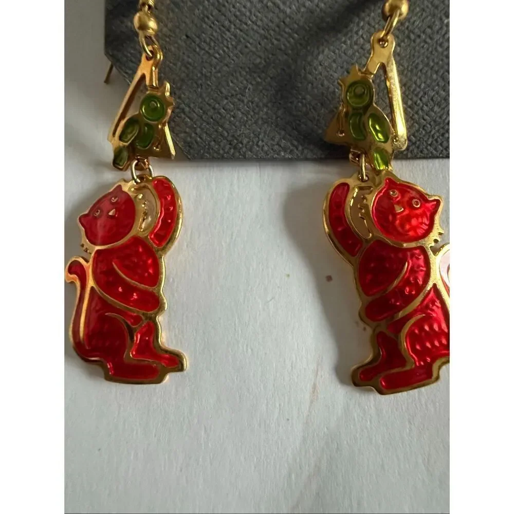 Edgar Berebi Women's Red Enamel Cat And Green Bird Dangle Earrings Jewelry NWT